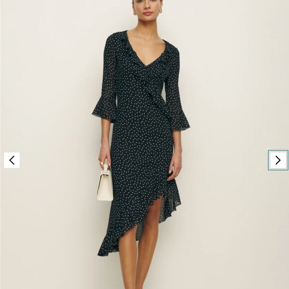 Reformation Roseanna Dress - Black Polka Dot - Cocktail Wedding Guest Dress - Picture 1 of 7